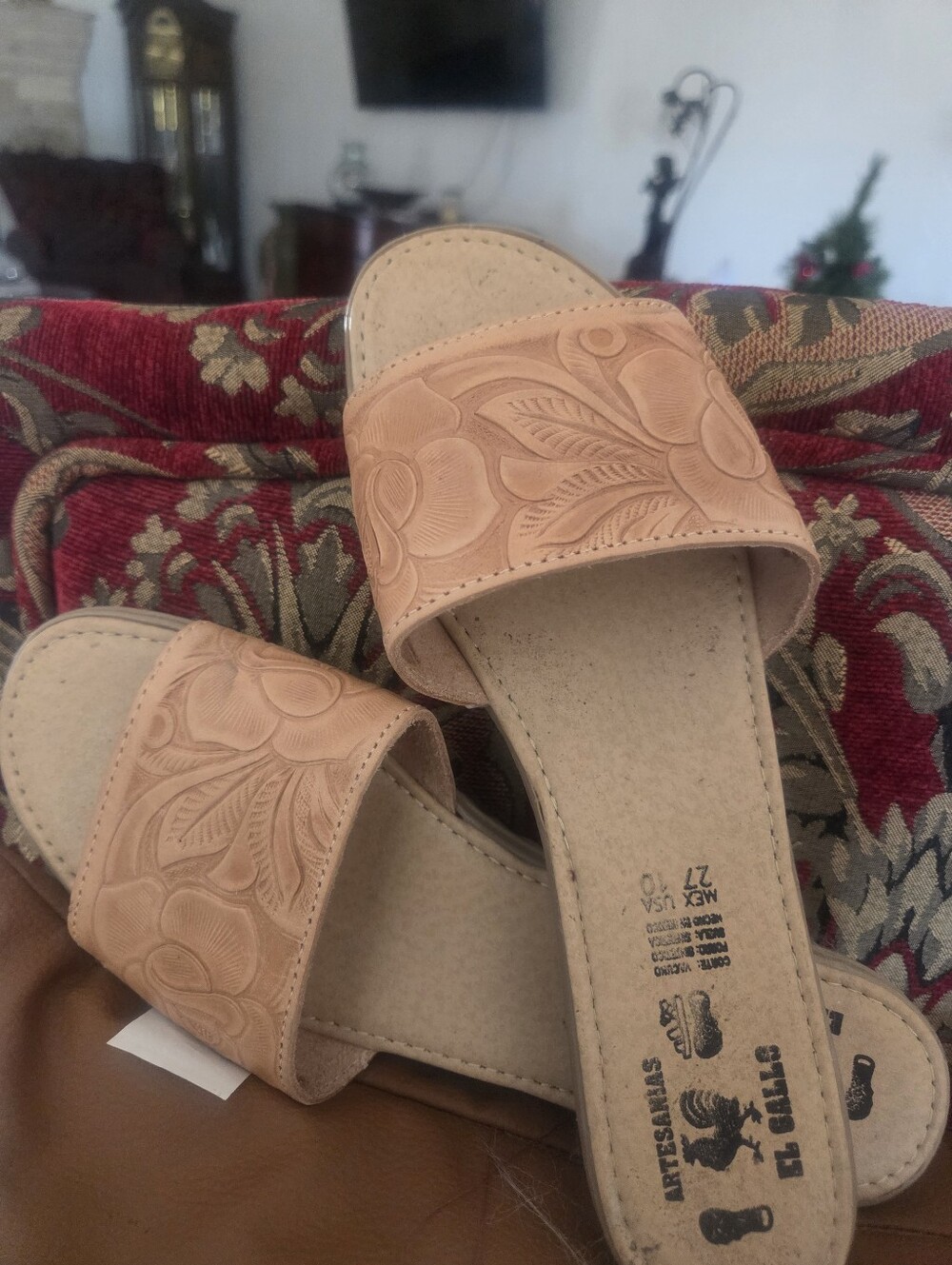 Women’s Tan Floral Tooled Slide Sandals